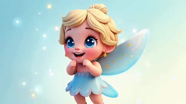 A cute cartoon-style tooth fairy with shiny wings, holding a glowing white tooth, surrounded by sparkles and stars on a soft blue background.
