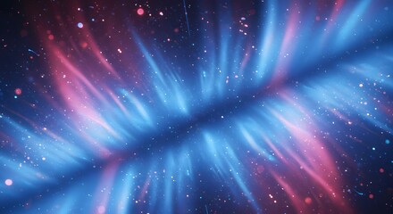 Abstract, cosmic illustration with glowing blue and pink energy bursting from a central point