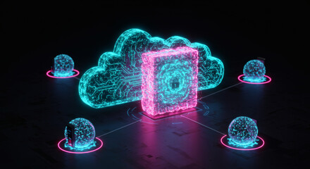 Futuristic abstract of a secure cloud computing network, with distributed ledger technology and interconnected data nodes for advanced digital information management
