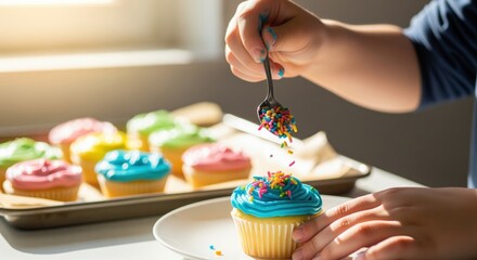 Close up of a child hands decorating a blue frosted cupcake with colorful sprinkles