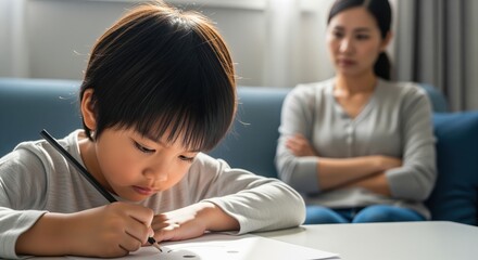 Young asian boy focused on homework with his strict mother observing nearby