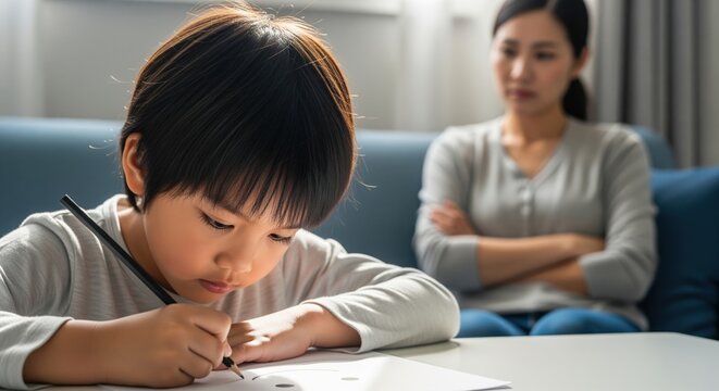Young asian boy focused on homework with his strict mother observing nearby