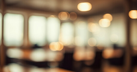 Blurred DSLR interior scene showing soft silhouettes of tables, chairs, and warm lighting with smooth depth and natural bokeh for a professional atmosphere.