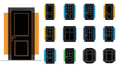 High-Quality Silhouette Vector Icon Set of Home Design Elements – Doors & Windows: Styles, Placement, and Materials for Light, Ventilation, and Aesthetic Design