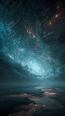 Surreal cosmic scene of infinite space filled with glowing mathematical symbols and geometric shapes drifting through darkness, ethereal illumination, philosophical cosmic realism