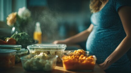 Pregnant woman cooking healthy homemade meals kitchen culinary art clean environment close-up view nutrition preparation