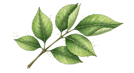 Watercolor green leaves on a branch isolated on transparent background