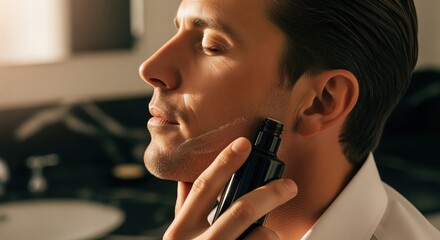 Sophisticated man with closed eyes applying aftershave to his cheek in a bathroom