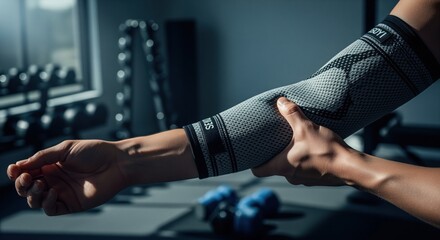 Athlete forearm with compression sleeve, hand massaging elbow for recovery in gym