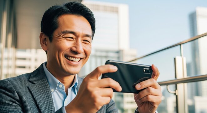 Joyful asian man laughing and holding a smartphone horizontally on an outdoor terrace