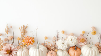 Cream and Orange Flat Lay Autumn Composition with Miniature Pumpkins and Flowers, Generative AI