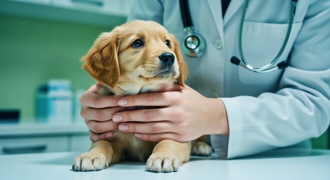 Close up of a veterinarian gently examining a golden retriever puppy on an examination table