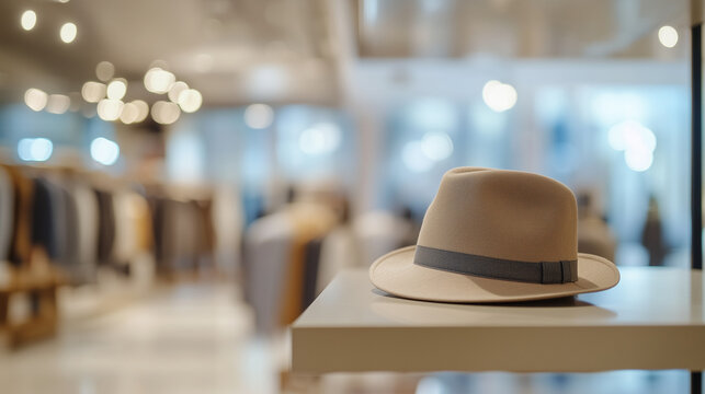 A stylish fedora with dark band rests elegantly on neutral-colored shelf within softly lit boutique, creating scene of understated sophistication.
