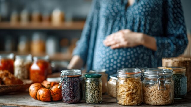 Preparing for parenthood pregnant woman organizing non-perishable pantry supplies in home kitchen environment