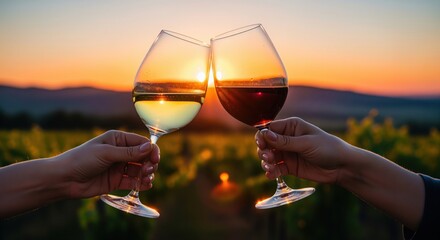 Two hands clinking wine glasses with white and red wine against a vibrant vineyard sunset.