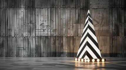 Black and White Striped Cone Light Sculpture in Industrial Space