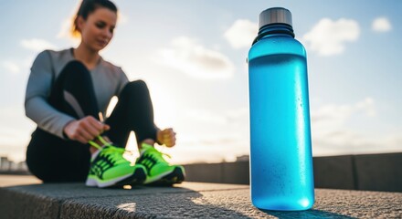 Blue water bottle with condensation, woman tying neon green running shoes for outdoor workout