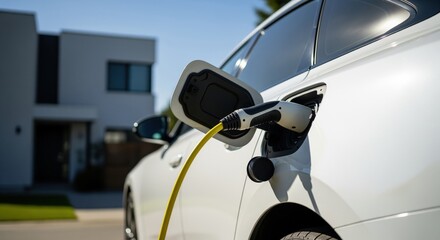 White electric car charging with a yellow cable at home, promoting sustainable energy