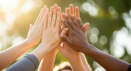 Diverse hands giving a high five, symbolizing teamwork and unity under warm sunlight