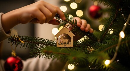 Child hands hanging a wooden reindeer house ornament on a festive christmas tree with lights