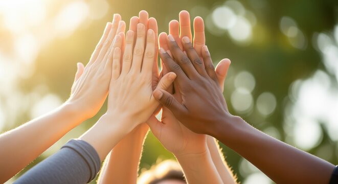 Diverse hands giving a high five, symbolizing teamwork and unity under warm sunlight