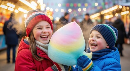 Joyful girl and boy laughing, sharing colorful cotton candy at a festive winter market