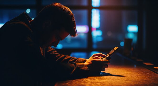 Man in silhouette using a vintage flip phone at a dimly lit bar at night