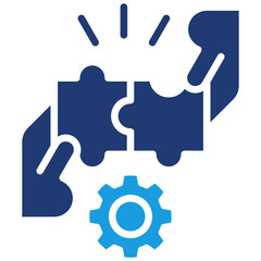 Blue Glyph Collaboration Icon with Puzzle and Gear - Business and Teamwork Symbol