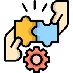 Lineal Color Collaboration Icon - Hands Connecting Puzzle with Gear for Teamwork and Innovation