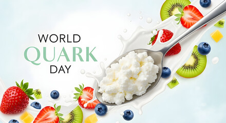 World Quark Day concept with creamy quark spoon surrounded by strawberries, kiwi, and blueberries on white background