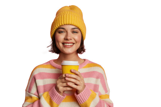 smiling woman holding coffee cup on transparent background