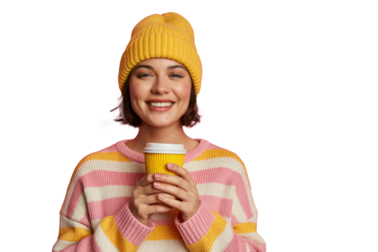 smiling woman holding coffee cup on transparent background