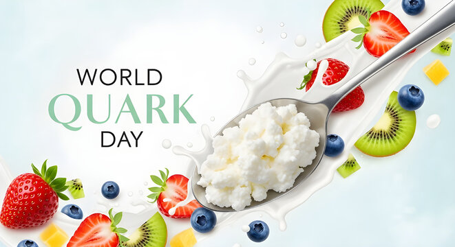 World Quark Day concept with creamy quark spoon surrounded by strawberries, kiwi, and blueberries on white background - Powered by Adobe