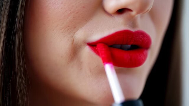 Close-up of woman applying red lipstick