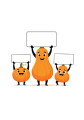 Three cute cartoon pumpkins holding blank signs for Halloween.
