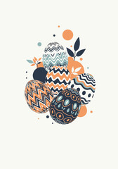 A festive collection of intricately decorated Easter eggs in vibrant colors and abstract patterns creates a joyful springtime scene.