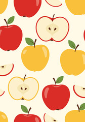 A vibrant seamless pattern of red and yellow apples and apple slices on a pale yellow background.