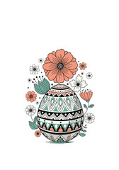 A beautifully decorated easter egg surrounded by delicate floral elements and intricate patterns.