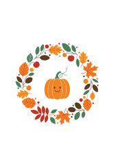 A cute pumpkin character smiles in the center of an autumn leaf wreath for fall decoration.