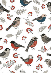 A charming collection of diverse small birds nestled among autumnal branches and berries.