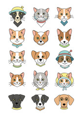 A collection of adorable cat and dog portraits with charming accessories.