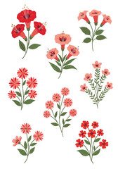 A charming collection of stylized floral illustrations in various shades of red and pink with green stems and leaves.