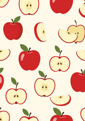 A collection of fresh red apples and sliced apple pieces scattered on a light background.