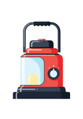 A bright red and black camping lantern with a carry handle and a dimmable light source.