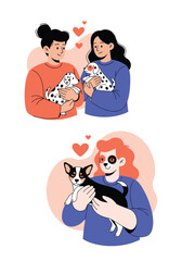 People of different ages and backgrounds showing love and affection to their beloved pets and puppies.