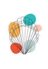 Abstract coastal art featuring a line drawing of a shell with colorful scattered dots.