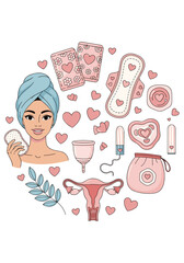 Illustration of menstrual hygiene products and a woman with a towel wrapped around her head