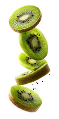 Fresh sliced kiwi fruit artistically floating and falling in mid-air