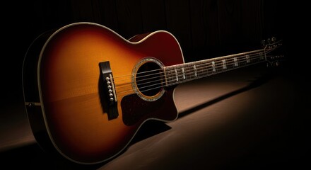 Fototapeta premium A beautifully lit acoustic guitar, showcasing its wood grain and intricate details, resting against a dark background.