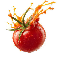 Fresh tomato splashing with vibrant juice, showcasing droplets and vivid colors, perfect for culinary themes and food photography